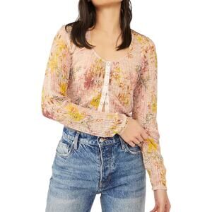 Free People Angelina Top Small Pink Floral Print Lace New Sheer Romantic Cottage